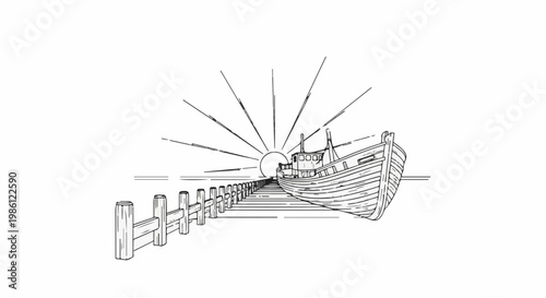 A sketch of a boat docked by a pier at sunrise, with radiating sunbeams