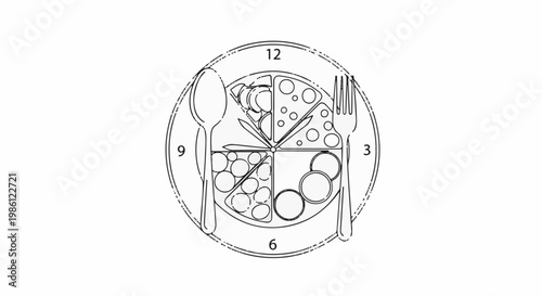 A plate with clock numbers, spoon, fork and food sections