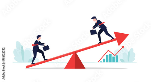 Two business professionals standing on opposite sides of a giant see-saw that is also an arrow pointing upwards symbolizing shared success.