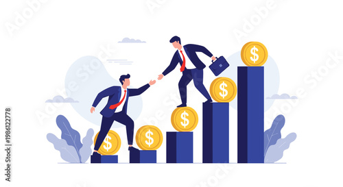 Successful businessman helps his colleague climb a rising bar graph made of gold coins representing teamwork and financial growth.
