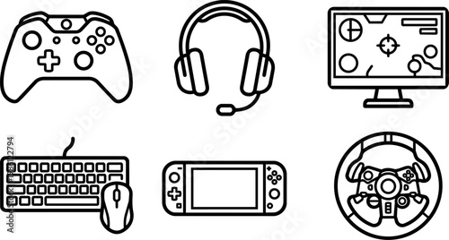 Black and white line art gaming controller headset keyboard mouse handheld console and steering wheel icons