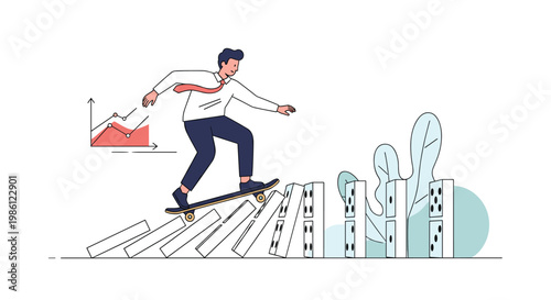 Innovative businessman performs a skateboarding trick over a row of falling dominoes to symbolize navigating through business crises.