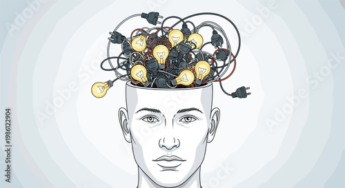 Human head filled with a complex tangle of electrical wires and glowing lightbulbs representing a brainstorm of creative ideas and innovation.