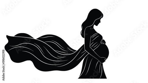 Elegant pregnant woman in a flowing dress with beautiful hair