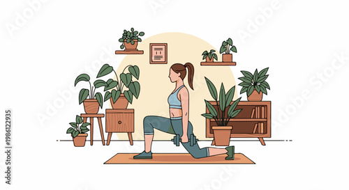 Woman exercising with dumbbells at home surrounded by plants
