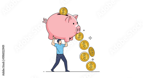 Strong man struggles to carry a massive pink piggy bank that is losing gold coins from its mouth during a challenging financial transport mission.