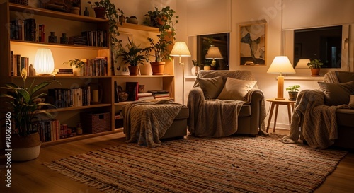 Cozy living room with bookshelves, comfortable armchairs, and warm lighting creating a relaxing ambiance
