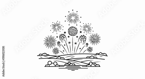 Stylized fireworks explode over a hilly landscape with clouds and water
