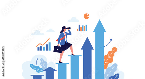 Confident businesswoman uses binoculars to scout future opportunities while standing on an ascending bar graph showing growth.