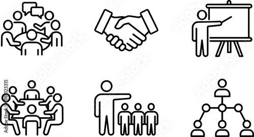 Black and white line art business teamwork meeting handshake presentation leadership icons