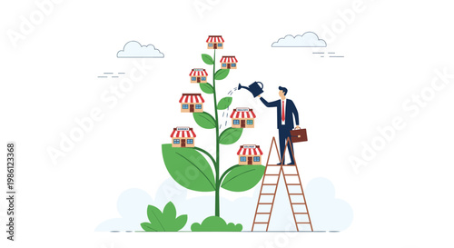 Entrepreneur stands on a ladder and waters a large growing plant with shop icons as leaves representing a franchising business model.