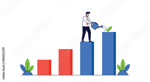 Dedicated businessman waters a green sprout growing from the highest blue bar of a rising performance chart to ensure long-term business growth.