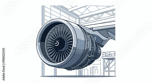 Pixel art depiction of a jet engine within a hangar