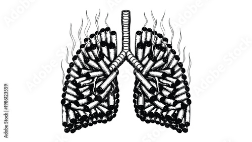 Cigarette butts shaped like lungs with smoke rising symbolizing smoking related health issues and addiction