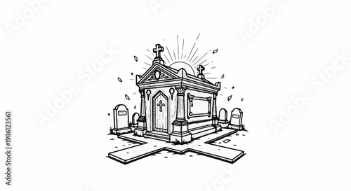 Ornate tomb in a graveyard with scattered leaves and radiating sun
