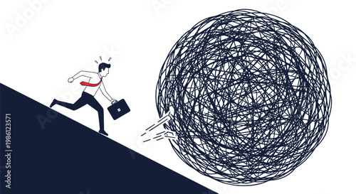 Terrified businessman runs down a steep slope to escape from a massive rolling ball of tangled black string representing complex business problems.
