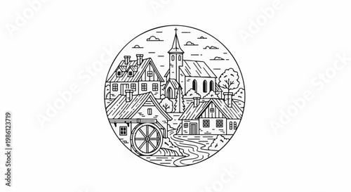 Stylized circular illustration of a quaint village with a church, houses, and a watermill