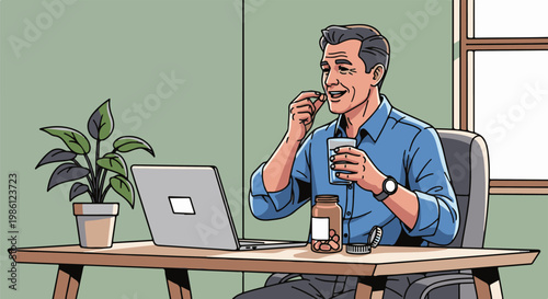 Man takes a pill with water at his desk with a laptop and plant