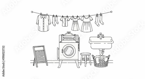 Line drawing of a laundry room scene with clothes on a line