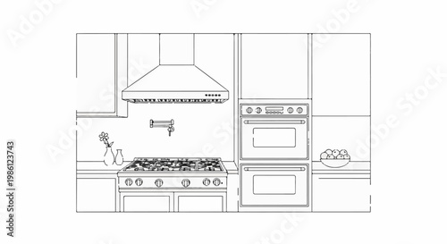 Line art depiction of a modern kitchen with appliances and decorative items