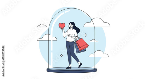 Elegant woman holds a red heart while standing inside a protective glass dome surrounded by her colorful shopping bags.
