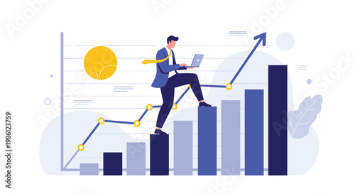 Productive businessman works on his laptop while walking up a series of rising bars in a business growth chart to achieve his corporate goals.