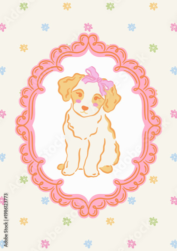 Hand drawn sweet puppy with pink bow in vintage pink scrolled frame on cream background with colorful flowers. Perfect for Easter greetings, nursery wall art, or baby birthday stationery. Vector
