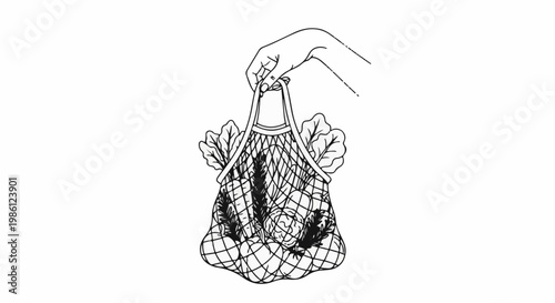 Hand holding a reusable net bag filled with fresh vegetables and greens