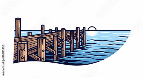 Wooden pier extending into shimmering blue water under a setting sun