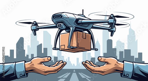 Futuristic drone delivering package to outstretched hands in city