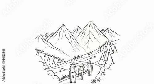 Three backpackers hike a winding mountain trail amidst pine trees and peaks