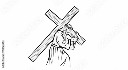 Figure bearing heavy wooden cross, bowed with exertion