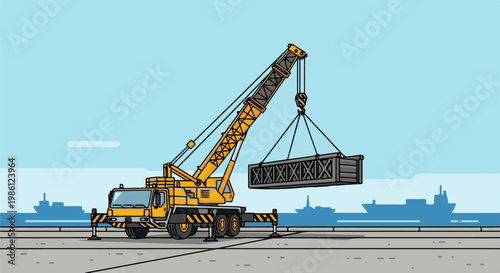 Yellow crane lifting a container at the docks with ships in the background