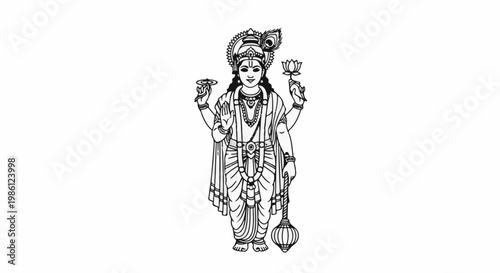 Detailed line drawing of a multi-armed deity holding sacred objects