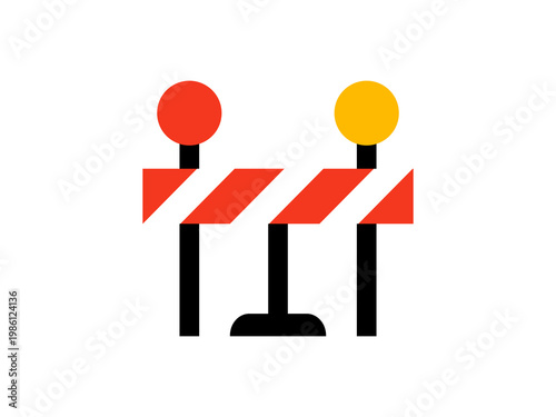 Flat illustration of a road construction barrier with warning lights representing traffic control, roadwork, and safety signs.