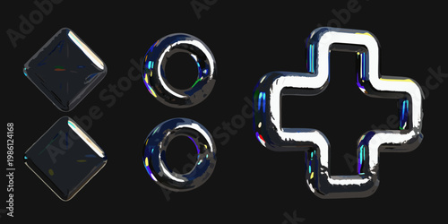 Abstract metallic shapes with iridescent reflections on a dark background