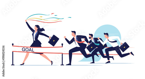 High-performing businesswoman crosses the finish line ahead of her male competitors to win a competitive business race for corporate success.