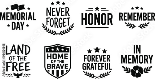 Memorial day themed typographic designs with stars and wreaths
