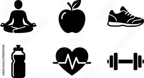 Black silhouette icons of meditation apple sneaker water bottle heart fitness and dumbbell