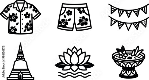 Black and white tropical hibiscus shirt shorts lotus flower temple and festival decorations vector art