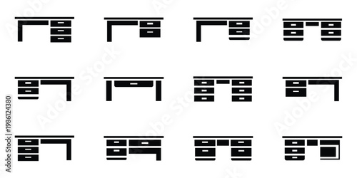 Furniture Outline Icon Set Organized by Bedroom, Kitchen, Dining and Living Room Layout, Including Antique Wardrobe and Dresser Silhouette Vector Illustration