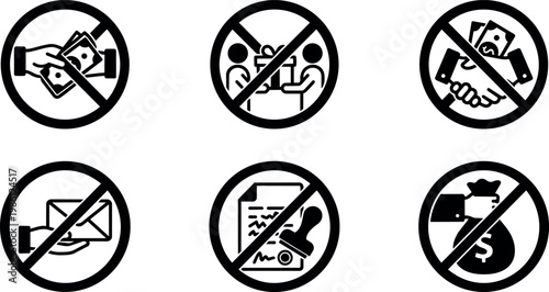 Black and white no bribery icons set with crossed circle prohibition symbols