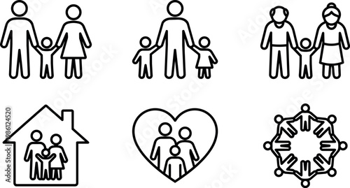 Black and white line art family icons with parents children and community circle