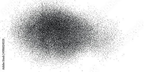 Concentrated black speckles forming irregular dense grunge blob shape on stark white background with high contrast