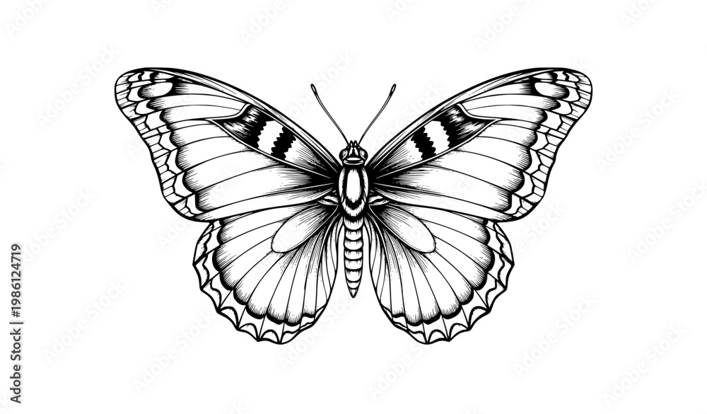 Fototapeta premium Detailed Butterfly with Symmetrical Wings Black and White Line Art Vector Illustration