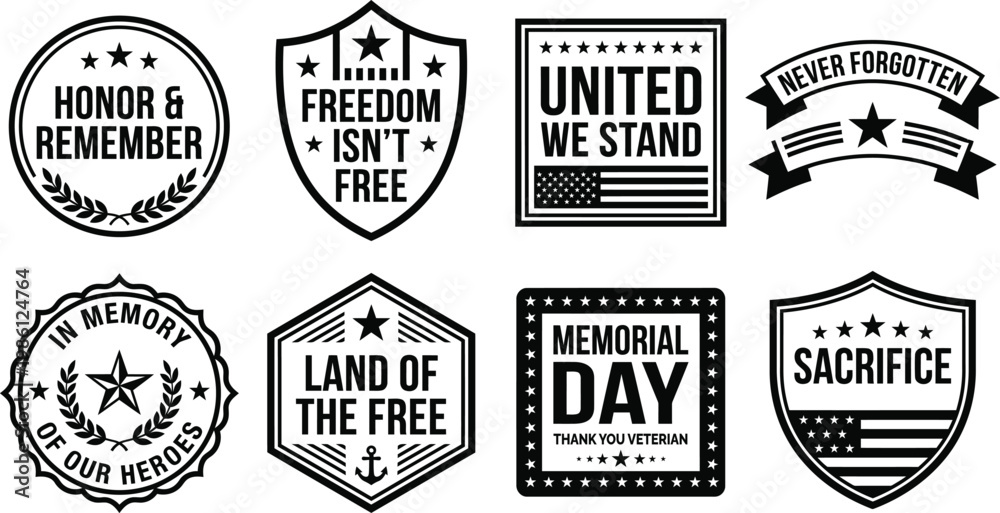 Obraz premium Collection of patriotic emblems honoring veterans and remembrance themes