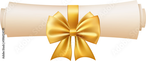3d diploma scroll icon. Diploma with golden bow. Roll paper document. Graduation education certificate of university, college, high school. Vector illustration. EPS 10.