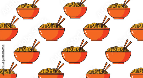 Pixel art seamless pattern of delicious ramen noodle bowls with chopsticks in a repeating tile