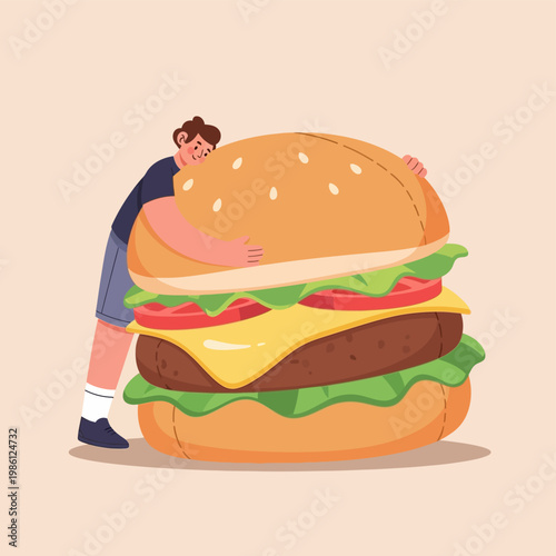 Man Hugging Large Burger.