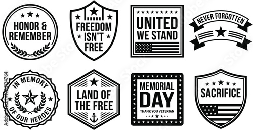 Collection of patriotic emblems honoring veterans and remembrance themes